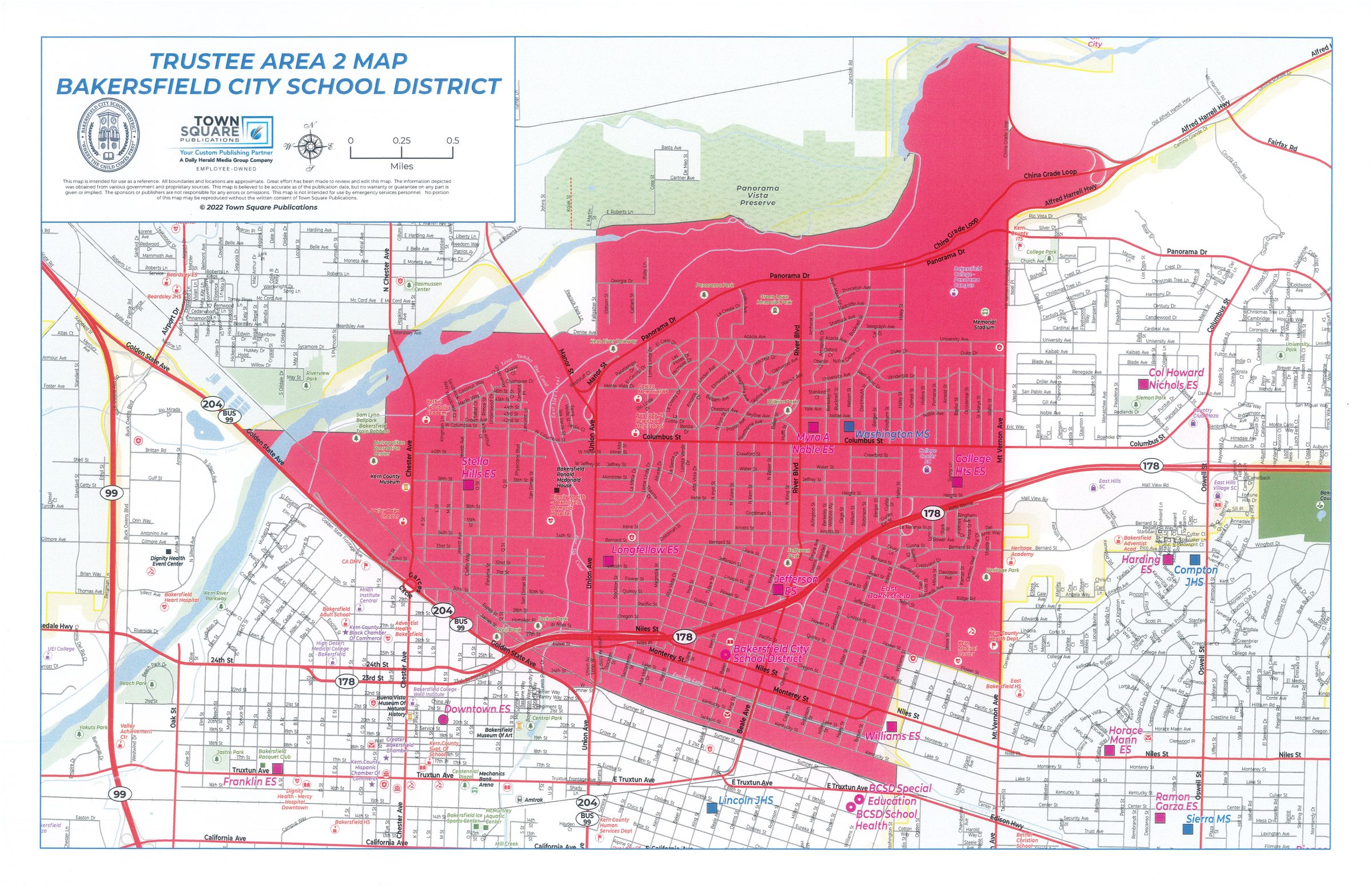 Map of Bakersfield City School District Trustee Area 2, highlighted in pink, showing streets, schools, and district boundaries